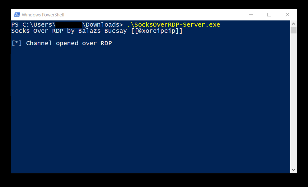 Powershell window showing SocksOverRDP Server running